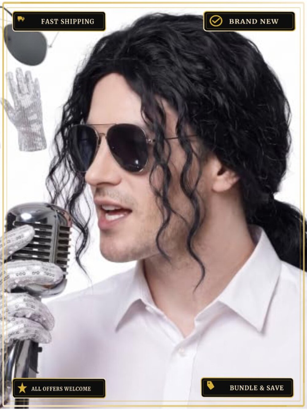 Curly Wig Set with Sunglasses and Sequin Glove for 80s Disco Rock Costume